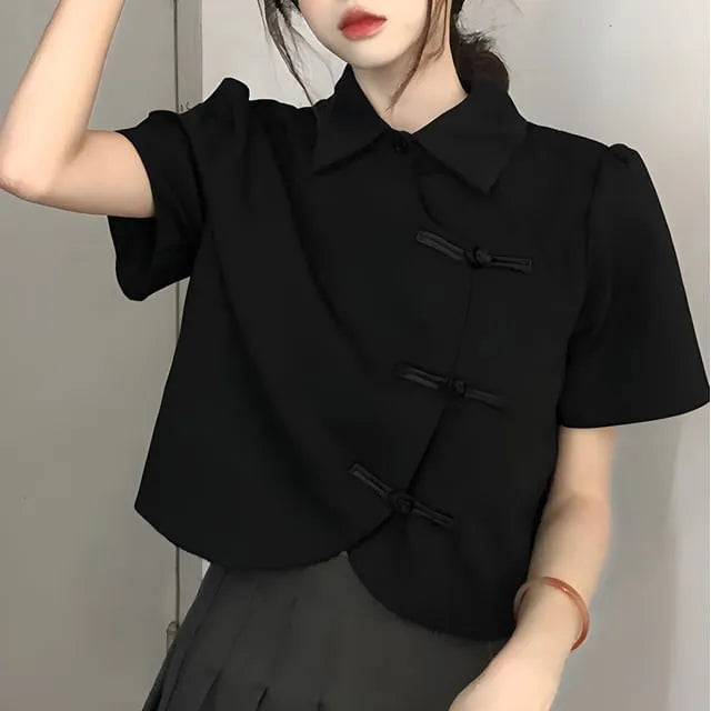 Short-Sleeve Collared Plain Blouse