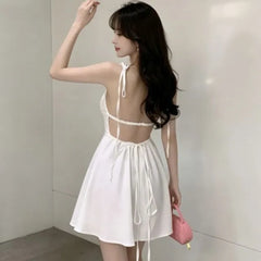 Tie Shoulder Plain Backless Mini A-Line Dress