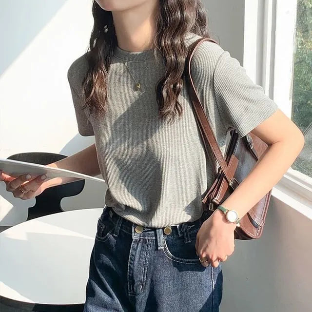 Short-Sleeve Round Neck Plain T-Shirt