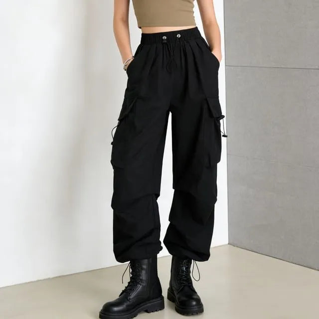 High Waist Plain Drawstring Cargo Baggy Pants
