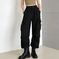 High Waist Plain Drawstring Cargo Baggy Pants