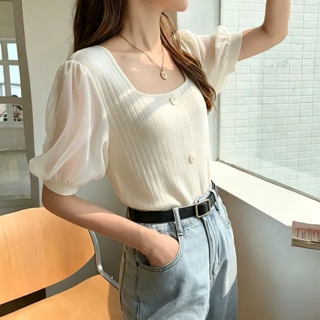 Puff-Sleeve Square-Neck Paneled Ribbed Button-Up Blouse
