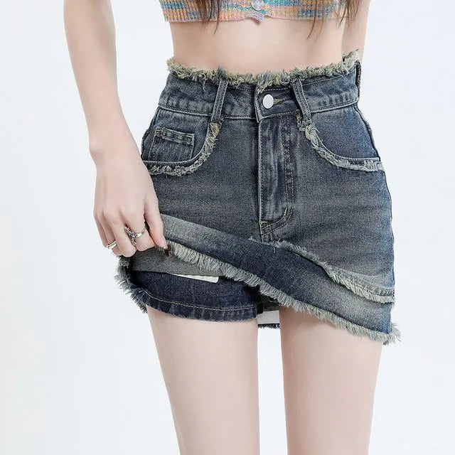 High Waist Washed Tassel Trim Denim Skort