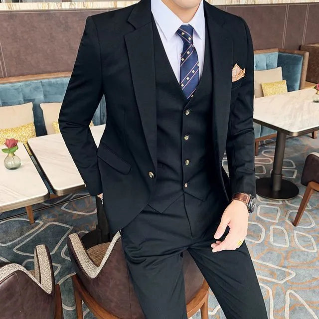 Set: Plain Single-Button Blazer + Vest + Straight Leg Dress Pants