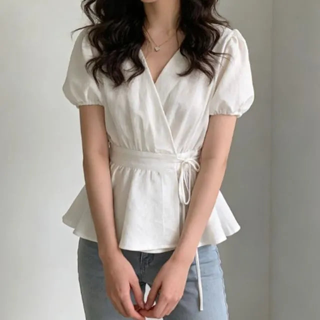 Puff-Sleeve V-Neck Plain Peplum Blouse