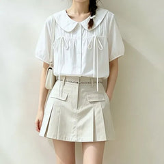 Short-Sleeve Plain Babydoll Blouse