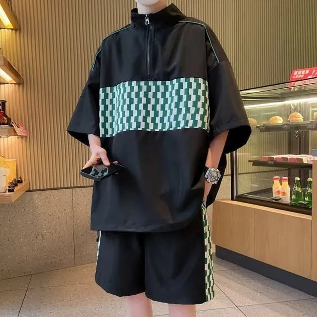 Set: 3/4-Sleeve Mock-Neck Half-Zip Plaid Panel Sweatshirt + Sweatshorts