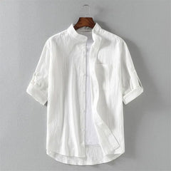 Elbow-Sleeve Stand Collar Linen Plain Shirt