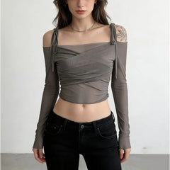 Long Sleeve Tie-Strap Off-Shoulder Plain Mesh  Crop Top
