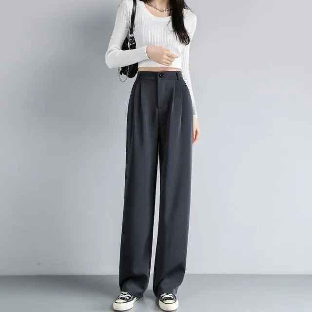 High Waist Plain Wide Leg Suit Pants (Various Designs)