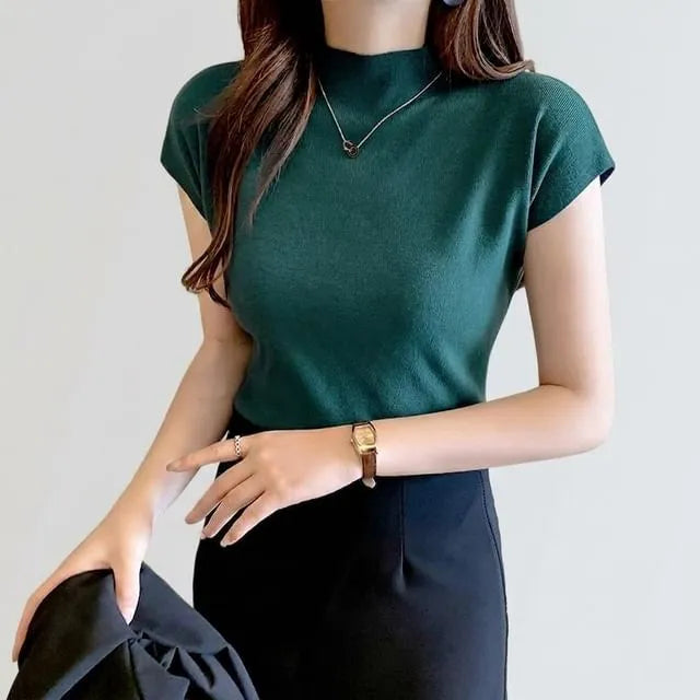 Short-Sleeve High Neck Plain Knit Top