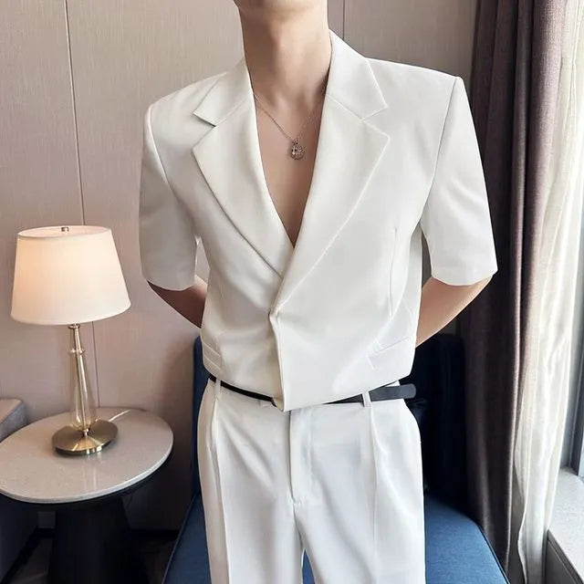 Set: Short-Sleeve Lapel Collar Button Blazer + Mid Rise Plain Dress Pants
