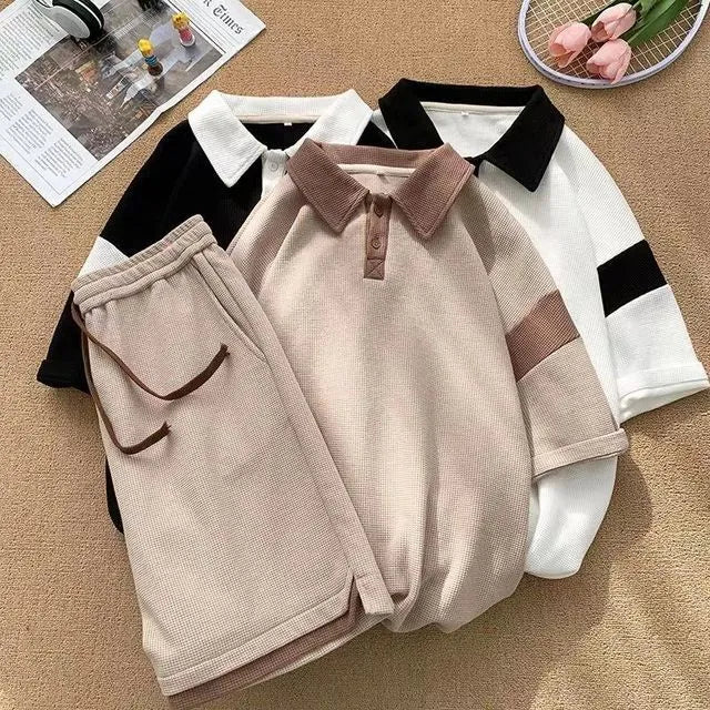 Set: Short-Sleeve Two Tone Panel Polo Shirt + Drawstring Waist Sweat Shorts