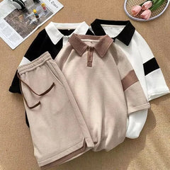 Set: Short-Sleeve Two Tone Panel Polo Shirt + Drawstring Waist Sweat Shorts