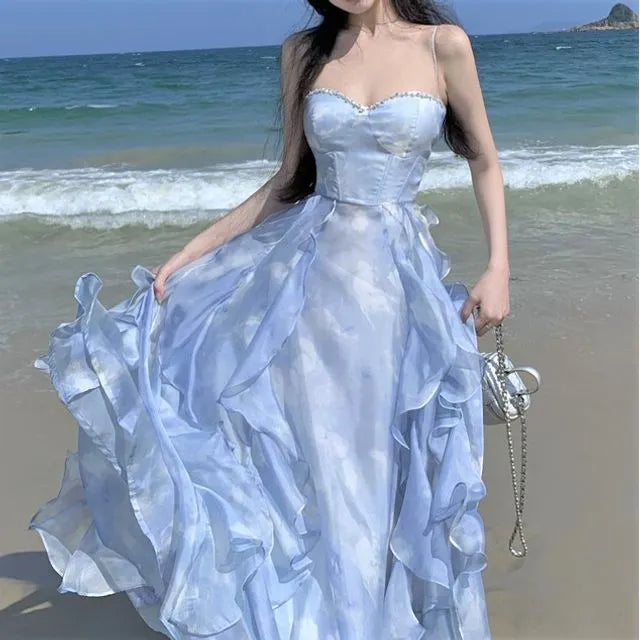 Spaghetti Strap Tie Dye Ruffle Maxi A-Line Dress