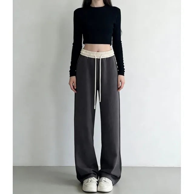 Paneled High Waist Drawstring Pocket Wide Leg Sweatpants