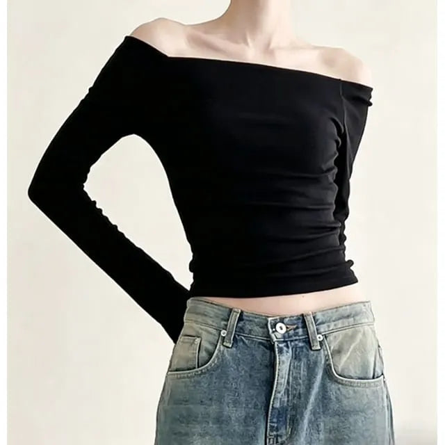 Long Sleeve Off-Shoulder Plain Slim-Fit Top