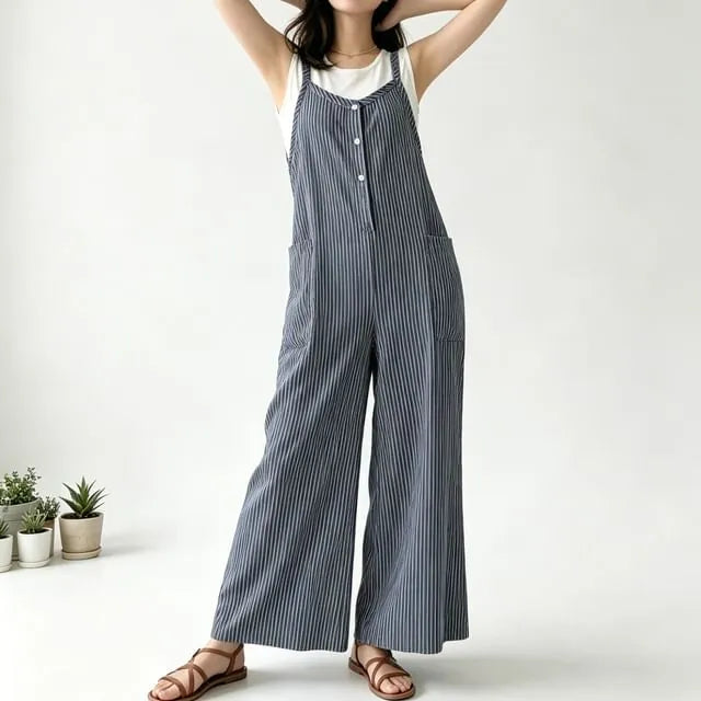 Spaghetti Strap V-Neck Striped Wide Leg Jumpsuit