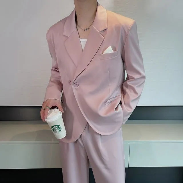 Set: Plain Asymmetrical Double-Breasted Blazer + Drawstring Waist Loose Fit Pants