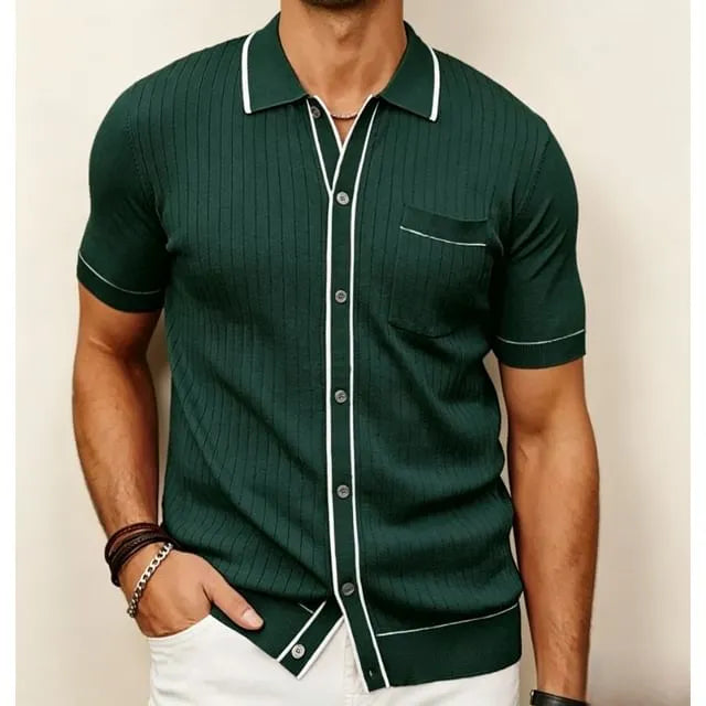 Short-Sleeve Contrast Trim Ribbed Knit Polo Shirt