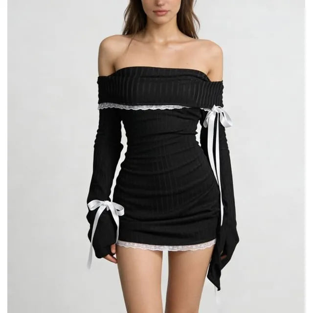 Long-Sleeve Off Shoulder Lace Trim Ribbon Accent Striped Mini Bodycon Dress