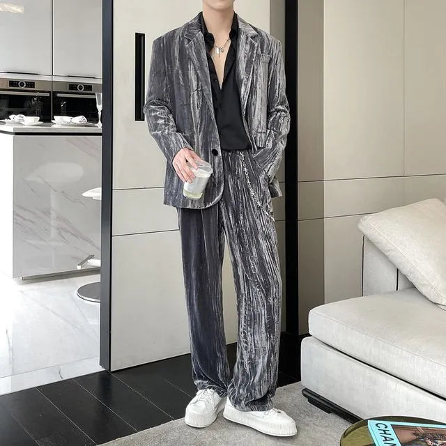 Set: Plain Single-Breasted Blazer + Mid Rise Wide Leg Pants