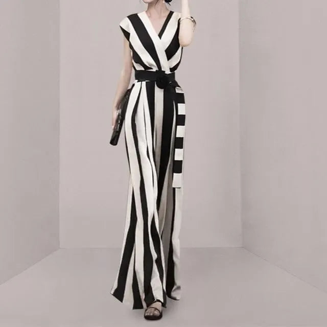 Sleeveless V-Neck Striped Wide Leg Wrap Jumpsuit