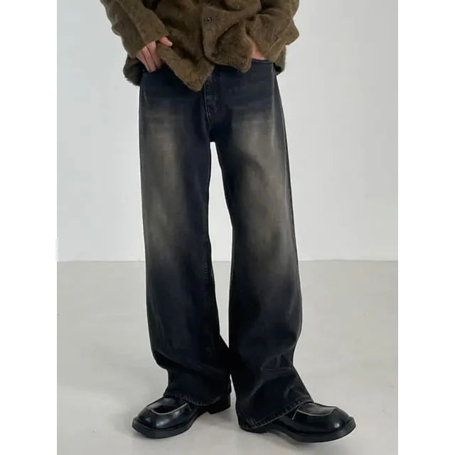 Washed Straight-Cut Loose Jeans