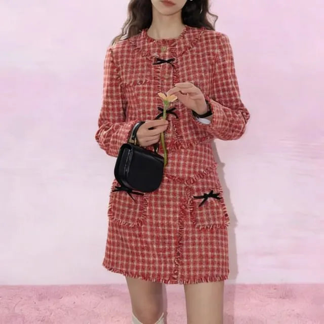 Plaid Fringed Trim Cropped Jacket / High Rise Mini Pencil Skirt