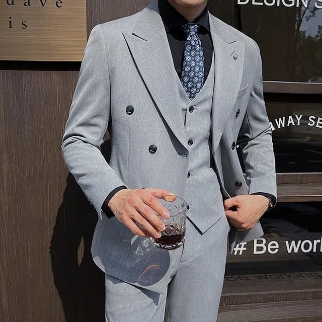 Set: Lapel Collar Double Breasted Blazer + Plain Dress Pants + Vest