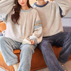 Couple Matching Pajama Set: Crew Neck Striped Sweatshirt + Plain Pants