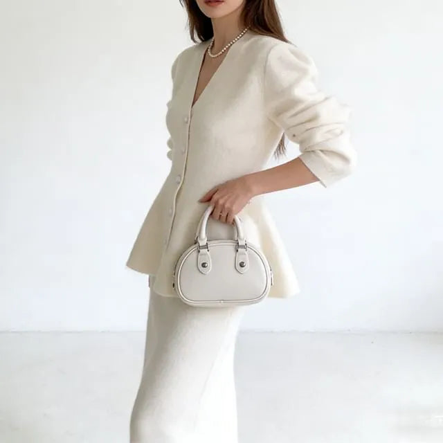 V-Neck Plain Peplum Cardigan / Maxi Pencil Knit Skirt