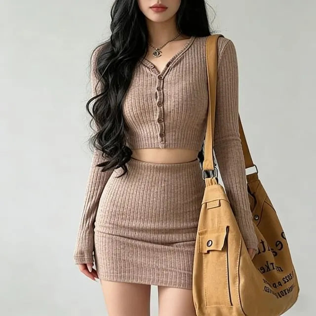 Long-Sleeve V-Neck Plain Knit Top / High Waist Plain Mini Pencil Skirt