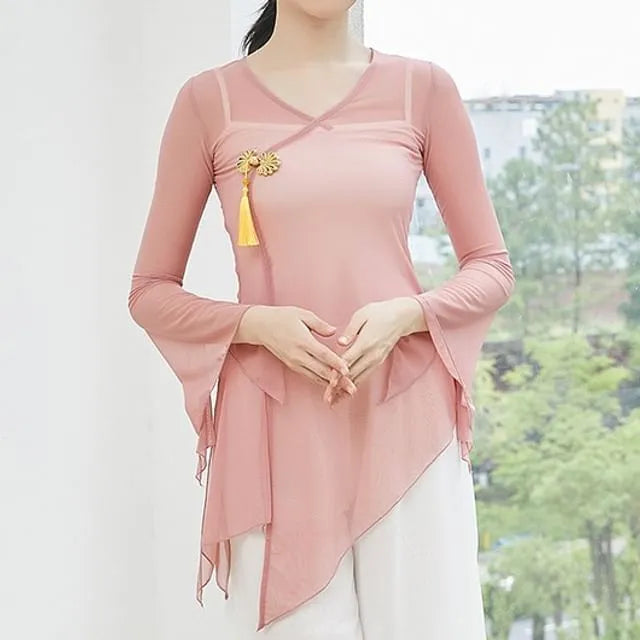 Flared-Sleeve Plain Asymmetrical Dance Top