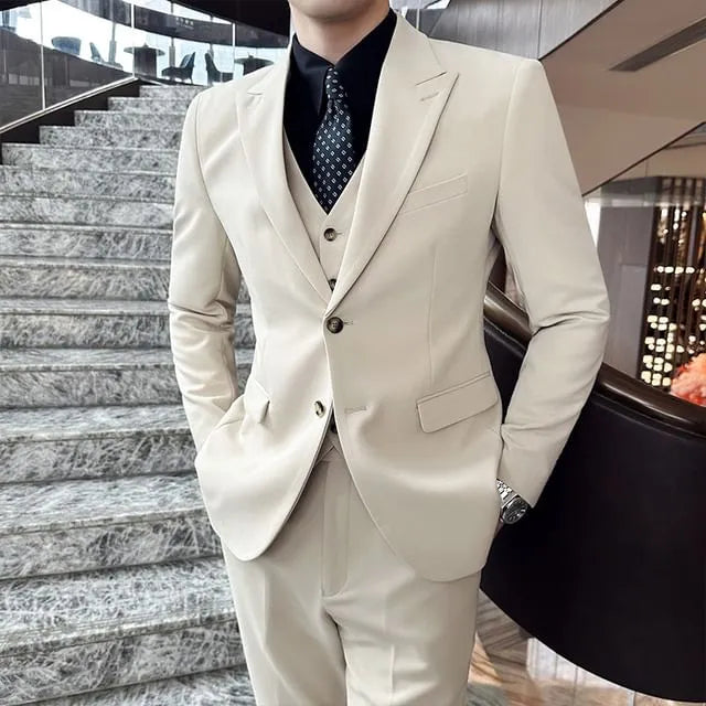 Plain Single-Breasted Blazer / Vest / Mid Rise Tapered Dress Pants / Set