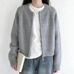 Round Neck Plain Zip Cardigan