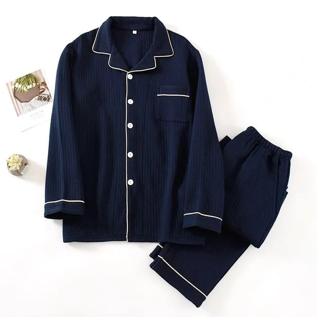 Pajama Set: Plain Contrast Trim Shirt + Pants