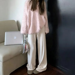 Scoop Neck Plain Sweater / Drawstring Waist Wide Leg Pants