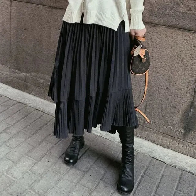 High Waist Asymmetrical Plain Accordion Pleat Midi A-Line Skirt