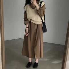 Long-Sleeve Notch Lapel Plain Midi Shirt Dress / V-Neck Sweater Vest