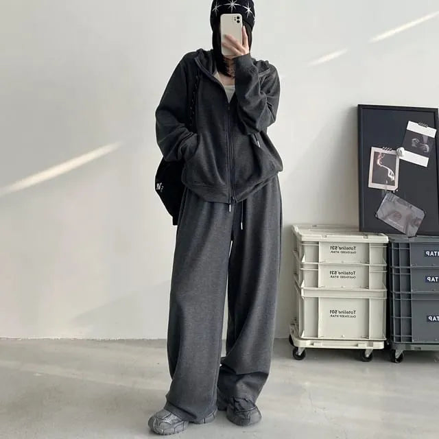 Plain Zip Hoodie / Drawstring Waist Wide Leg Sweatpants