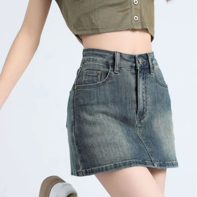 High Waist Washed Denim Mini Pencil Skirt