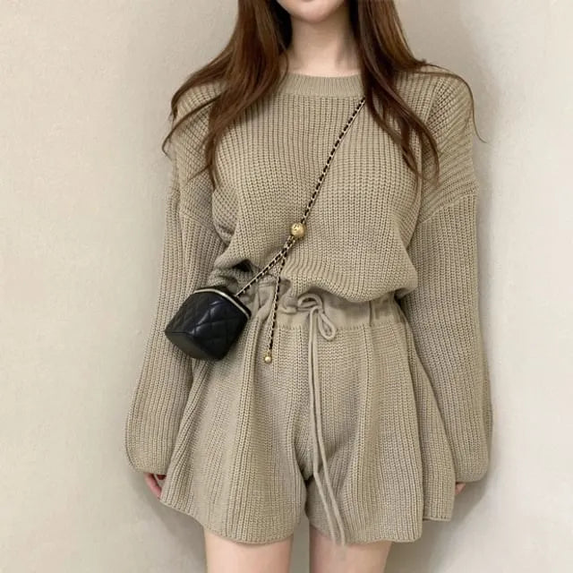 Long-Sleeve Crewneck Knit Wide Leg Romper