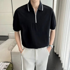 Short-Sleeve Contrast Trim Zip Polo Shirt