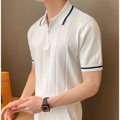 Short-Sleeve Striped Half Zip Ribbed Knit Polo Shirt