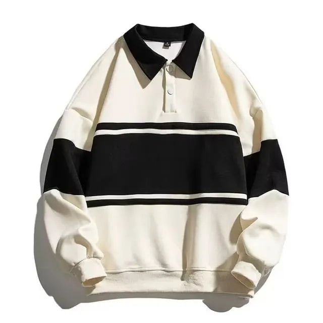Long-Sleeve Striped Polo-Neck Sweatshirt