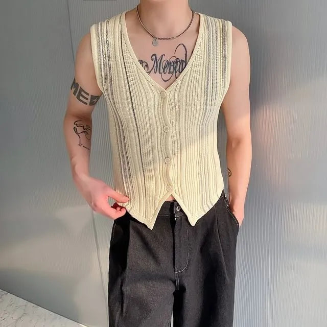 V-Neck Ribbed Button Knit Tank Top