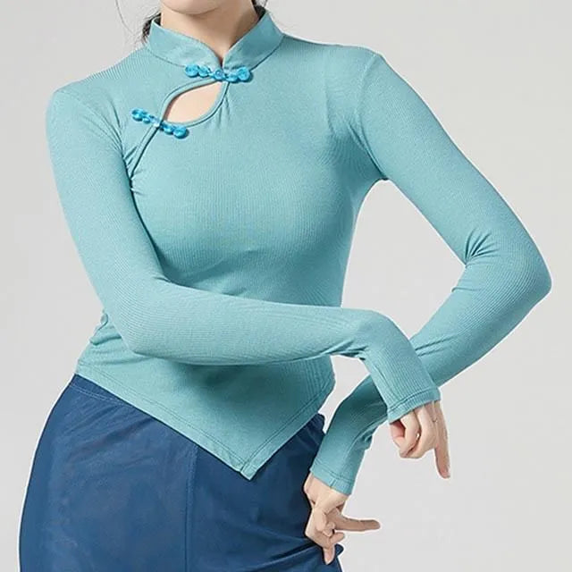 Long-Sleeve Mock Neck Plain Asymmetrical Dance Top