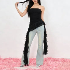 Plain Ruffle Asymmetrical Ruched Tube Top