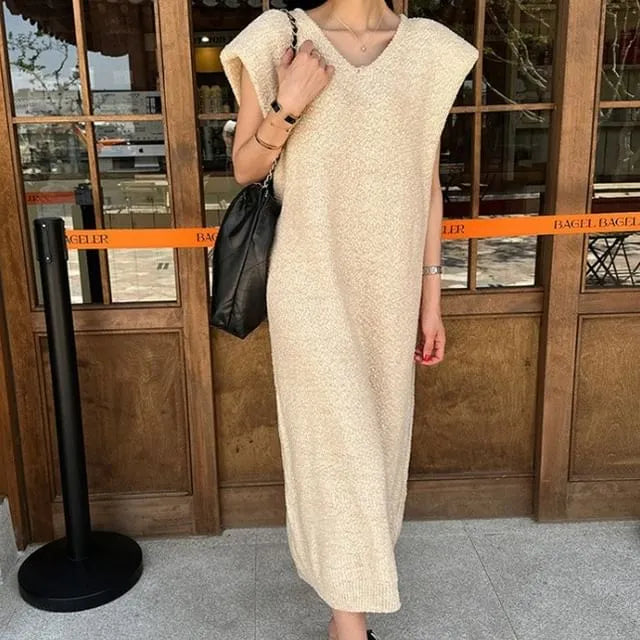 Sleeveless V-Neck Knit Midi Sheath Dress